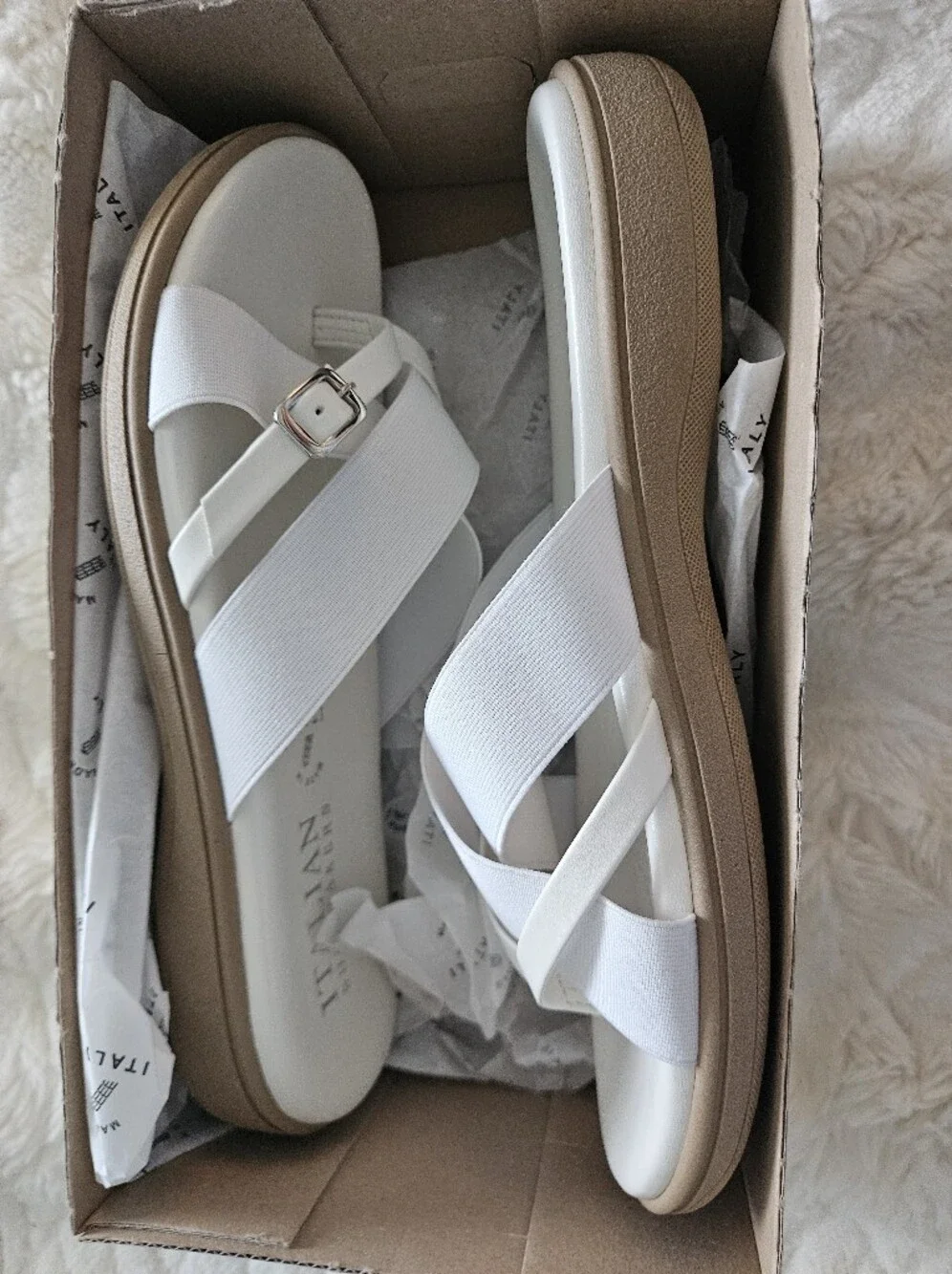 Italian Shoemakers White and Tan Crisscross Platform Sandals
